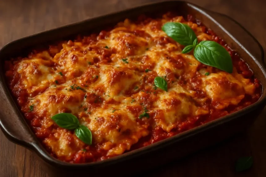 Delicious cheesy ravioli bake topped with melted cheese and herbs