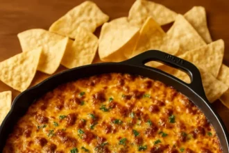 Cheesy Sausage & Bacon Baked Dip served with tortilla chips