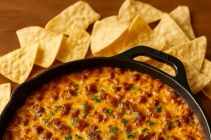 Cheesy Sausage & Bacon Baked Dip served with tortilla chips
