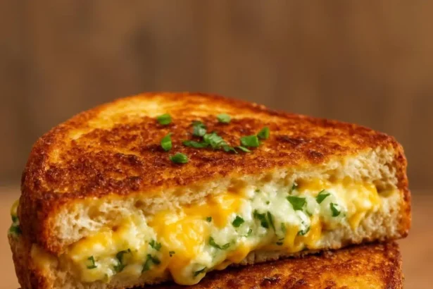 Cheesy zucchini, spinach, and pepper jack grilled sandwich on a plate