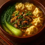 Delicious Chicken and Mushroom Wonton Noodle Soup served in a bowl