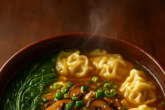 Delicious Chicken and Mushroom Wonton Noodle Soup served in a bowl