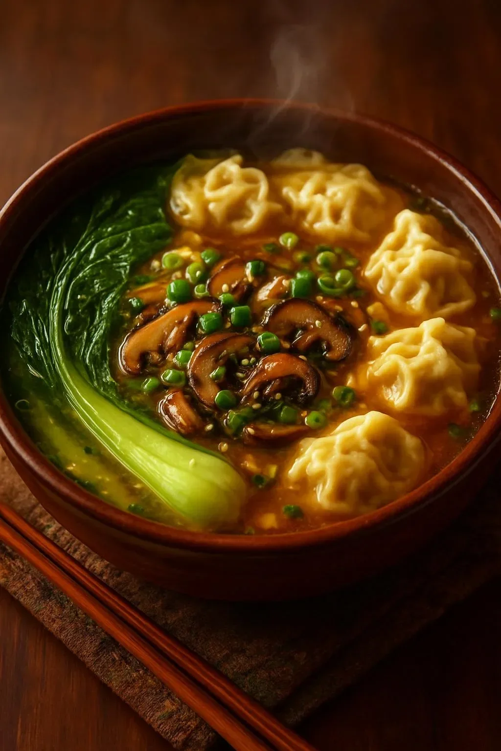 Delicious Chicken and Mushroom Wonton Noodle Soup served in a bowl