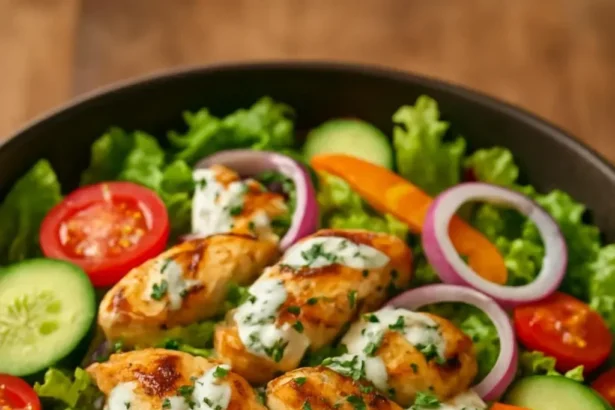 Chicken and Veggie Bowl topped with Tzatziki sauce for a healthy meal.