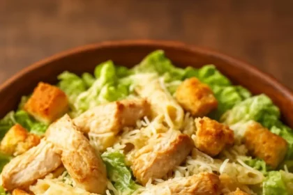 Delicious Chicken Caesar Pasta Salad with fresh greens and creamy dressing