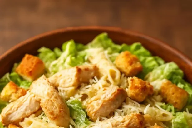 Delicious Chicken Caesar Pasta Salad with fresh greens and creamy dressing