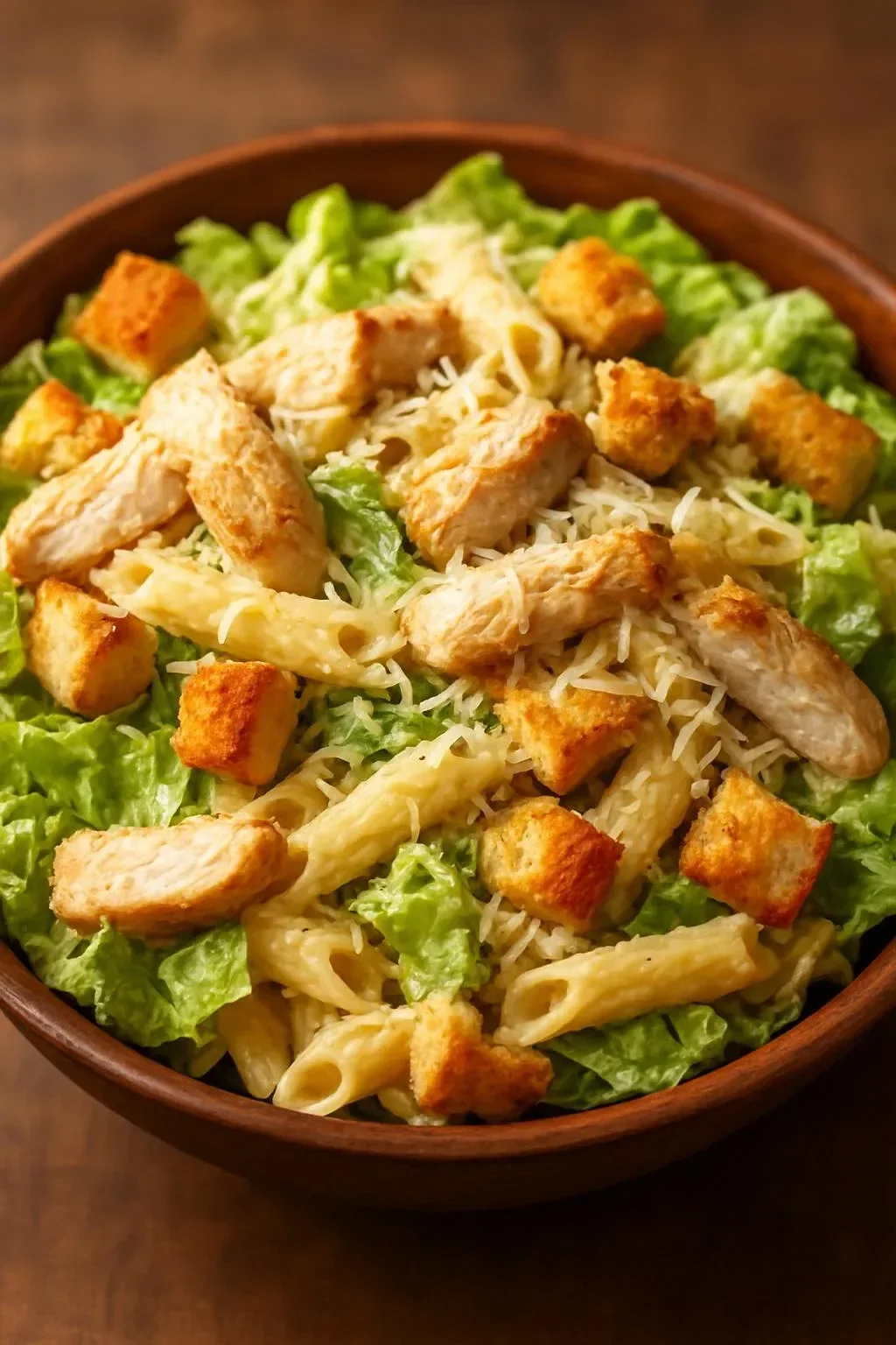 Delicious Chicken Caesar Pasta Salad with fresh greens and creamy dressing