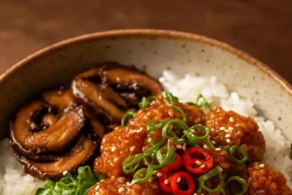 Delicious Chicken Karaage Mushroom Bowls with crispy chicken and fresh mushrooms