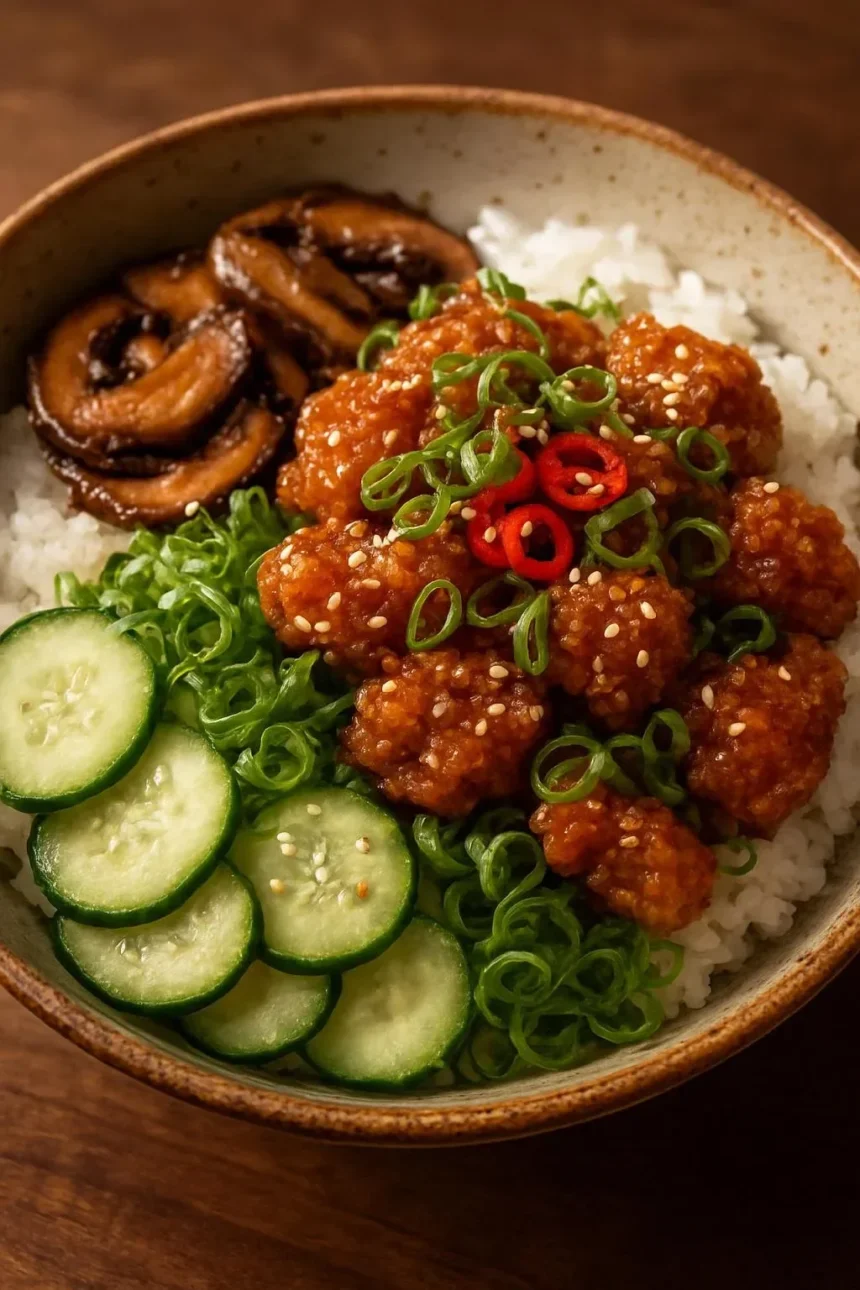 Delicious Chicken Karaage Mushroom Bowls with crispy chicken and fresh mushrooms