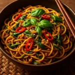 Delicious Chicken Lo Mein stir-fry made with fresh ginger and colorful veggies