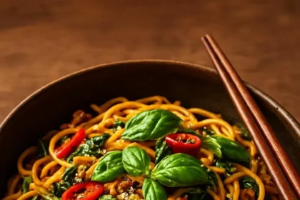 Delicious Chicken Lo Mein stir-fry made with fresh ginger and colorful veggies