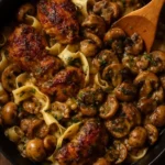 Delicious Chicken Mushroom Tagliatelle garnished with herbs and served in a bowl