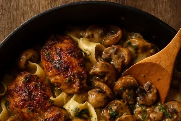 Delicious Chicken Mushroom Tagliatelle garnished with herbs and served in a bowl