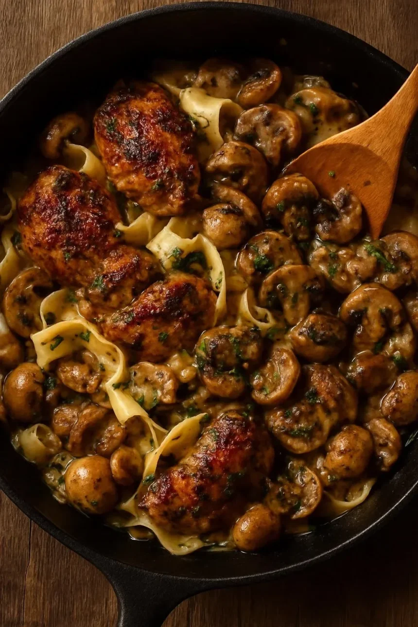 Delicious Chicken Mushroom Tagliatelle garnished with herbs and served in a bowl
