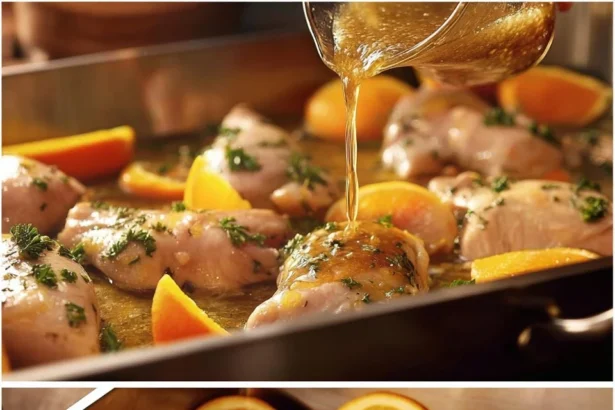 Citrus-marinated roasted chicken served on a plate, garnished with herbs