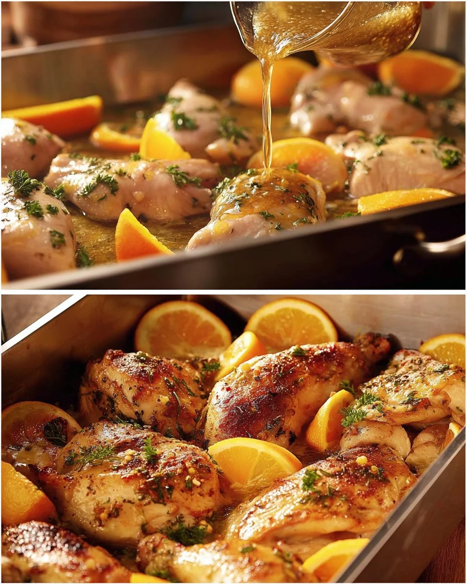 Citrus-marinated roasted chicken served on a plate, garnished with herbs