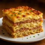 Baked Classic Reuben with corned beef, Swiss cheese, and sauerkraut served on a plate.