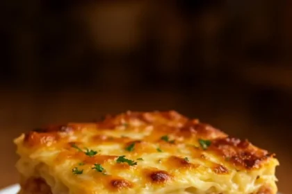 Baked Classic Reuben with corned beef, Swiss cheese, and sauerkraut served on a plate.