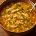 Bowl of chicken soup with pearl couscous and vegetables for a comforting meal