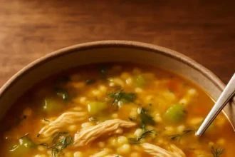 Bowl of chicken soup with pearl couscous and vegetables for a comforting meal