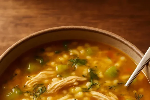 Bowl of chicken soup with pearl couscous and vegetables for a comforting meal