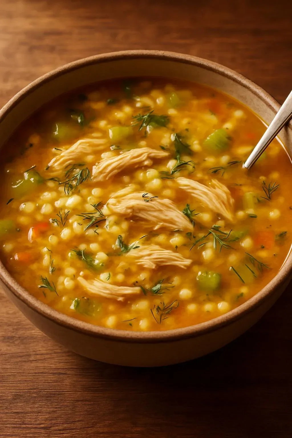 Bowl of chicken soup with pearl couscous and vegetables for a comforting meal
