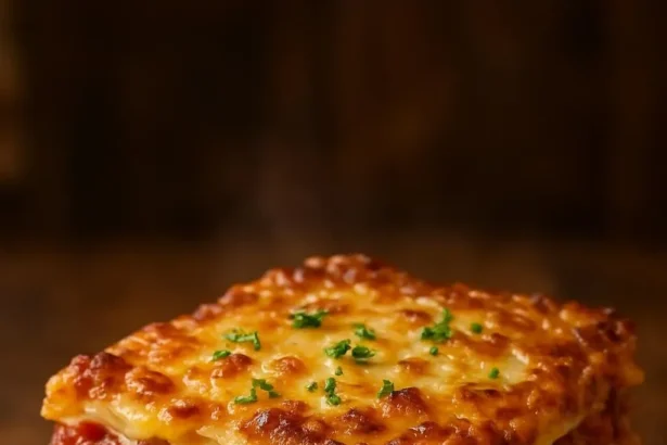 Comforting Reuben Bake Delight with layers of corned beef and cheese.