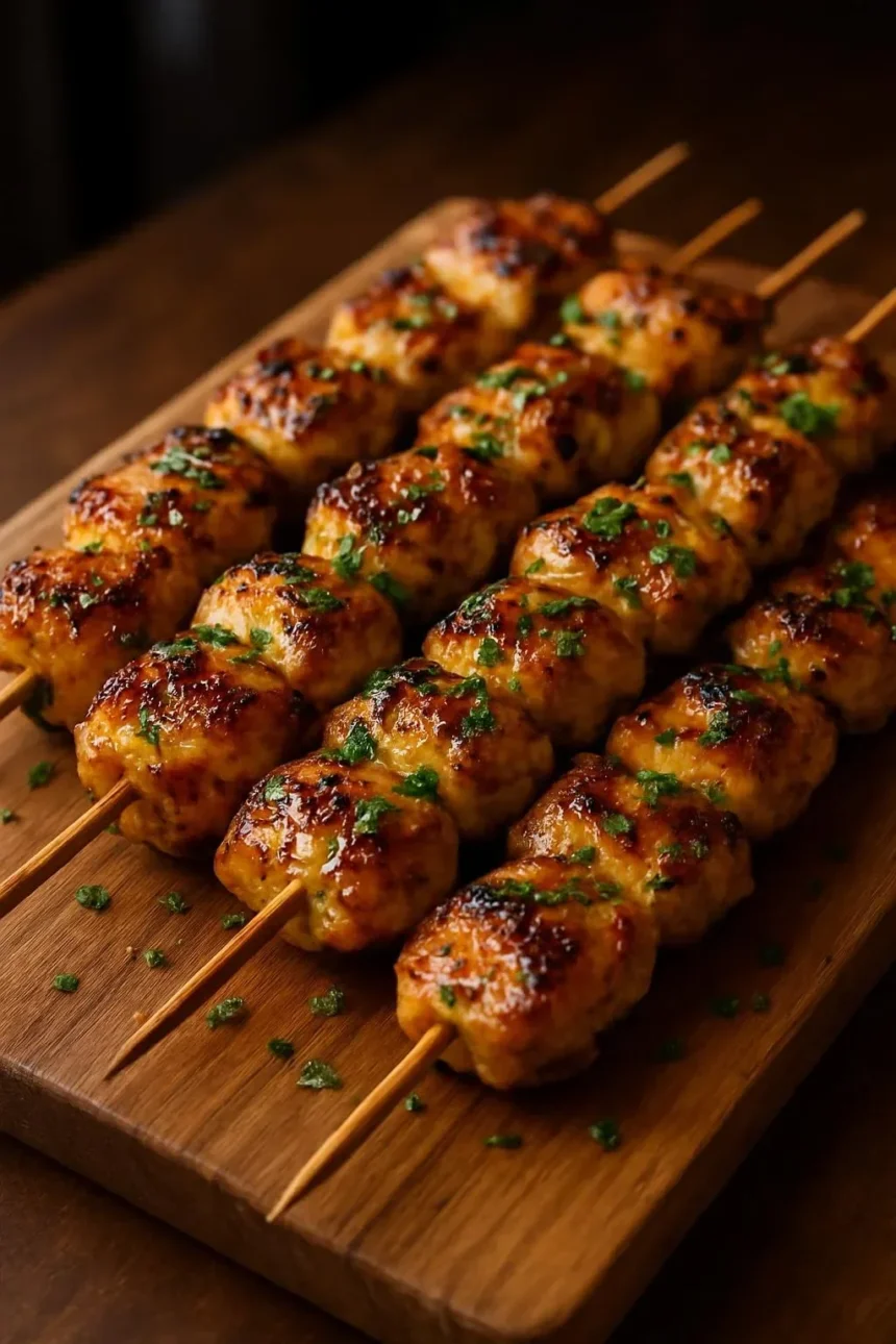 Cowboy butter chicken skewers ready for grilling with spices and herbs.
