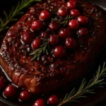 Cranberry Balsamic Ribeye Roast served on a festive table