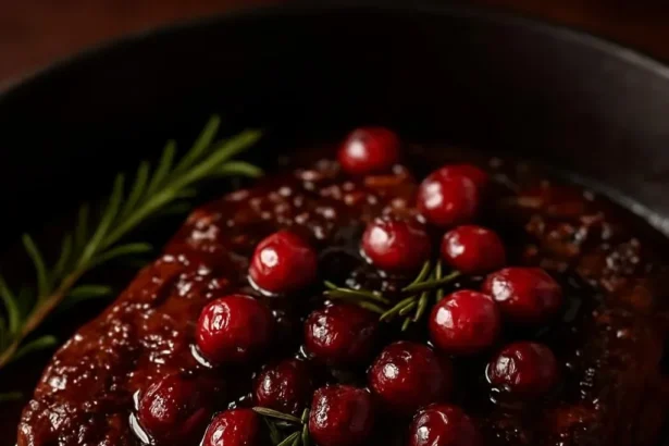 Cranberry Balsamic Ribeye Roast served on a festive table