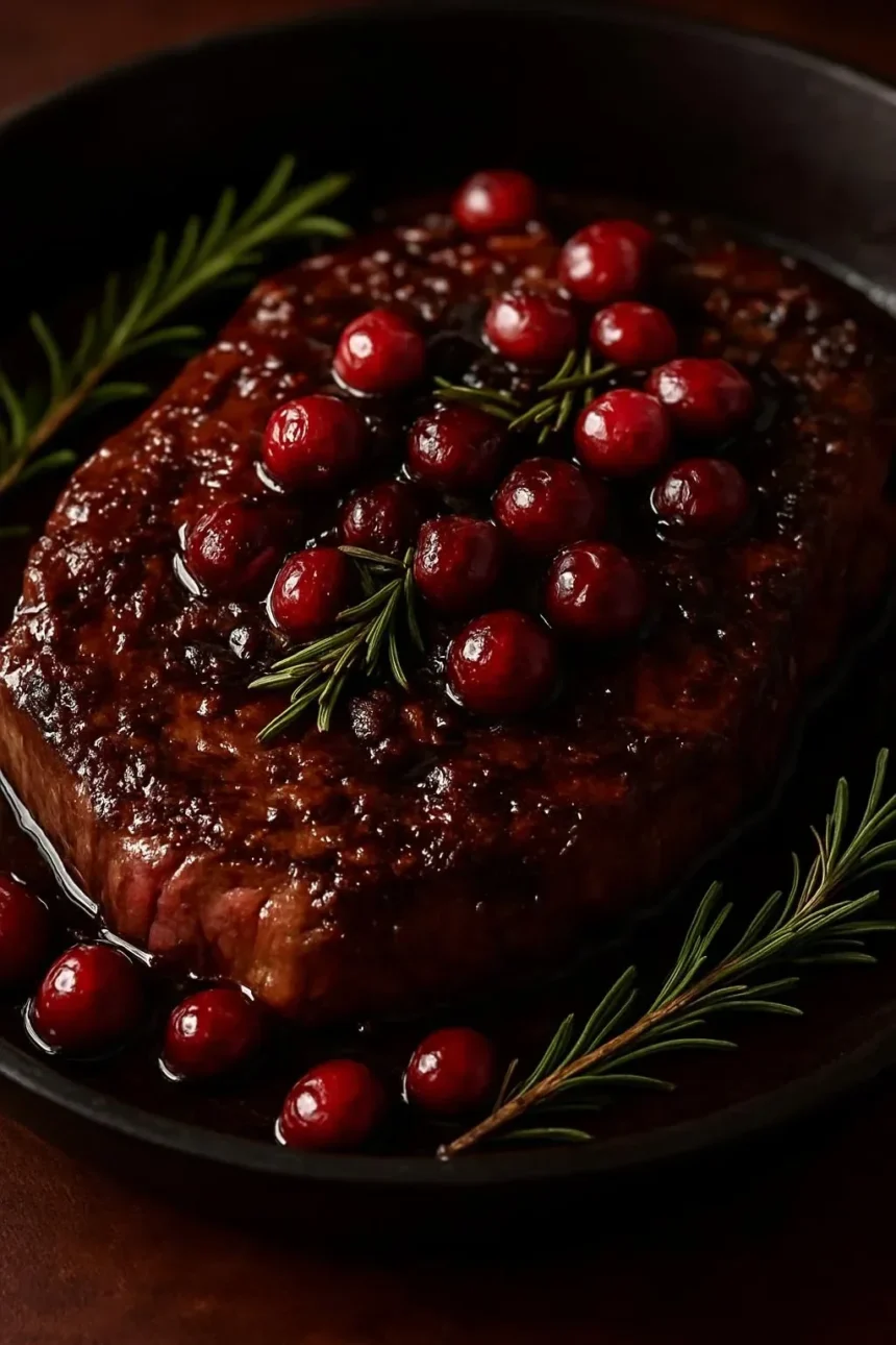 Cranberry Balsamic Ribeye Roast served on a festive table