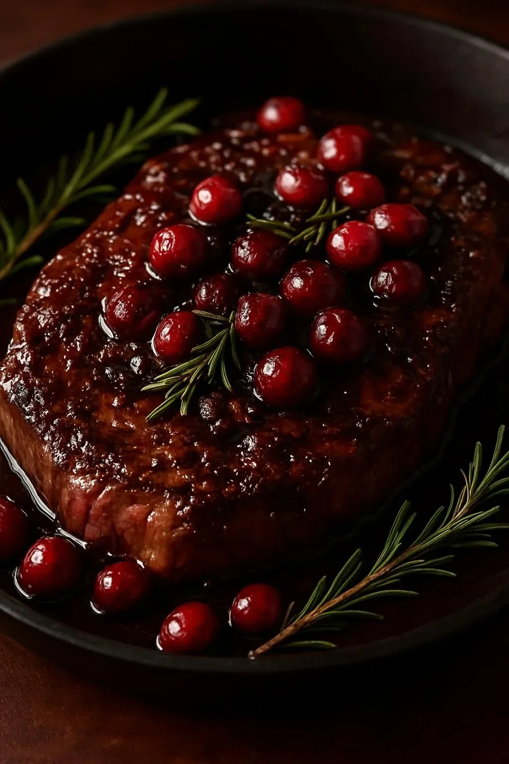 Cranberry Balsamic Ribeye Roast served on a festive table