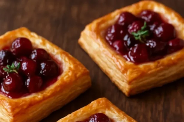 Cranberry Brie Puff Pastry bites on a festive platter