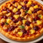 Cranberry Chicken and Brie Pizza served on a wooden board