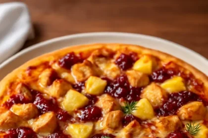 Cranberry Chicken and Brie Pizza served on a wooden board