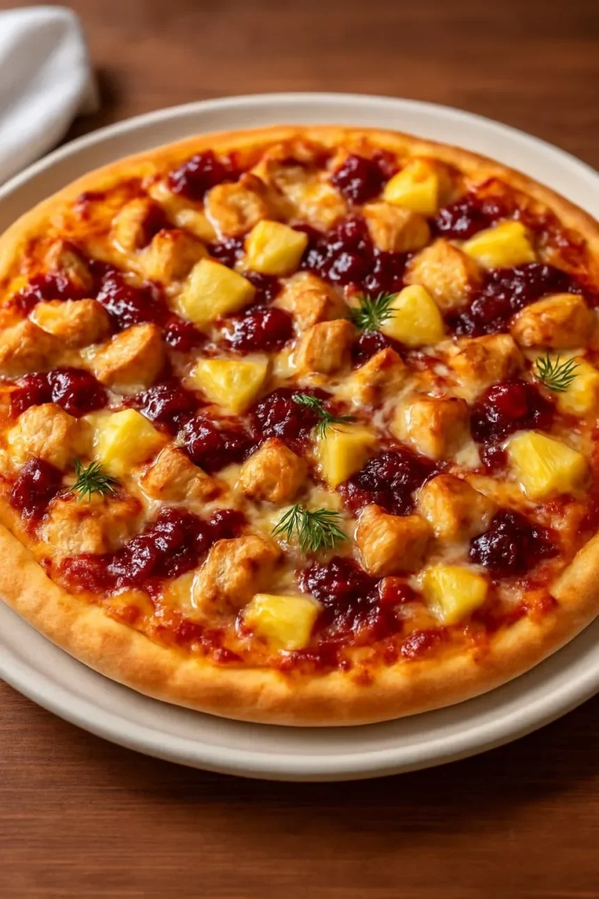 Cranberry Chicken and Brie Pizza served on a wooden board