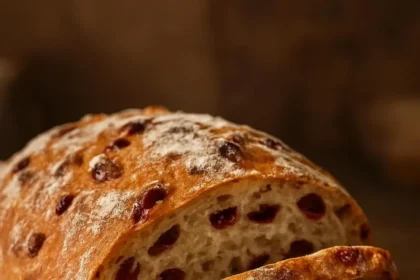 Freshly baked Cranberry Raisin Walnut Cinnamon Artisan Bread with a golden crust