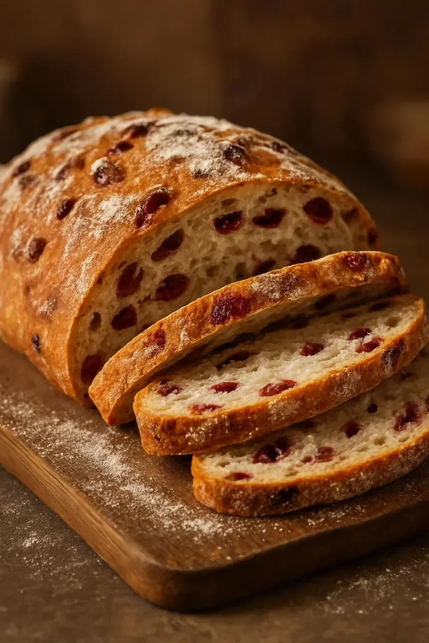 Freshly baked Cranberry Raisin Walnut Cinnamon Artisan Bread with a golden crust