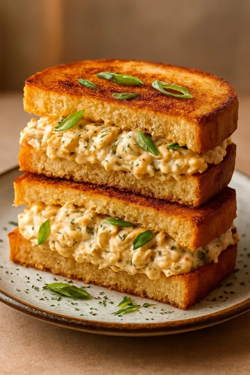 Creamy cheddar crab melt sandwich with crab meat and melted cheese
