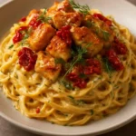 Creamy chicken spaghetti with sun-dried tomatoes and dill served in a bowl