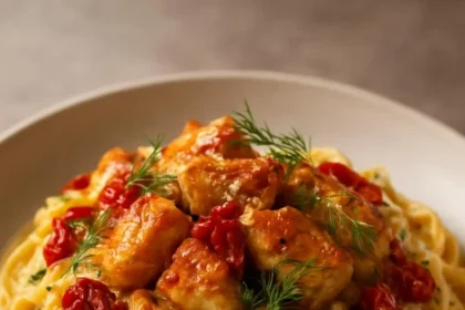 Creamy chicken spaghetti with sun-dried tomatoes and dill served in a bowl
