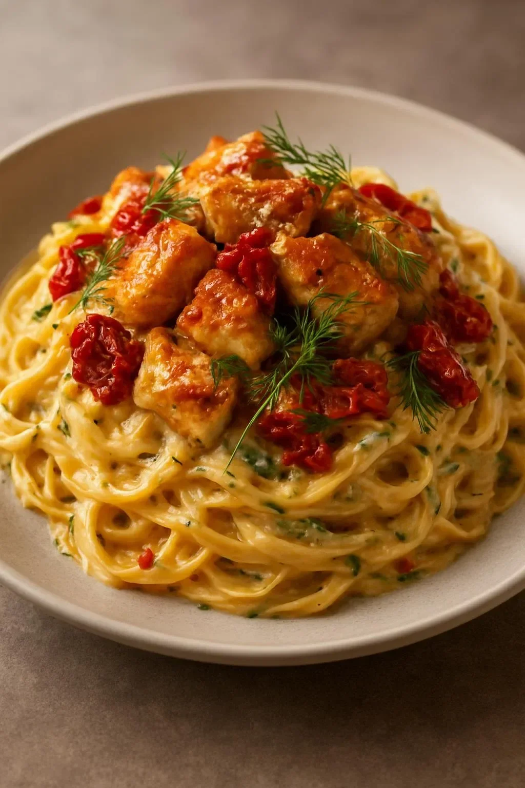 Creamy chicken spaghetti with sun-dried tomatoes and dill served in a bowl