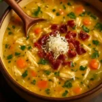 Creamy chicken broth soup with bacon, vegetables, and pastina in a bowl