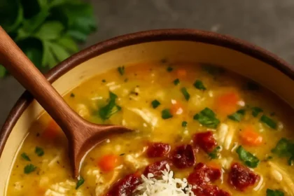 Creamy chicken broth soup with bacon, vegetables, and pastina in a bowl