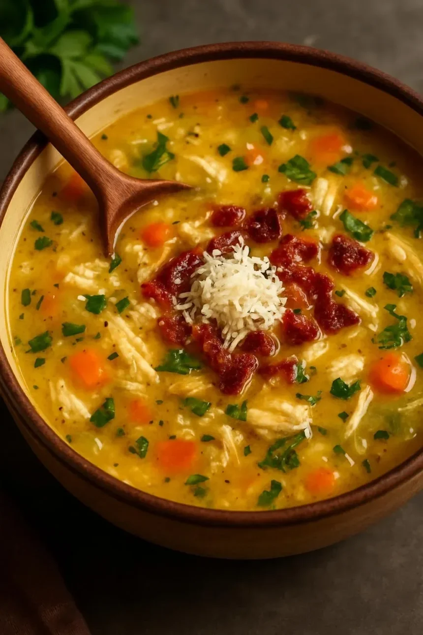 Creamy chicken broth soup with bacon, vegetables, and pastina in a bowl