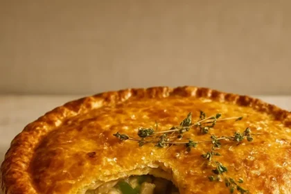 Creamy chicken, mushroom, and vegetable pie with flaky pastry crust