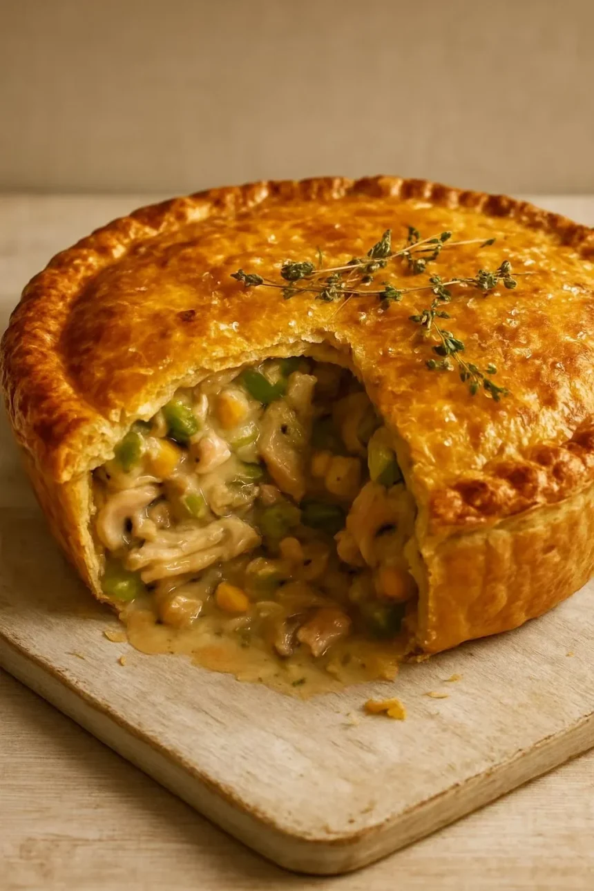 Creamy chicken, mushroom, and vegetable pie with flaky pastry crust