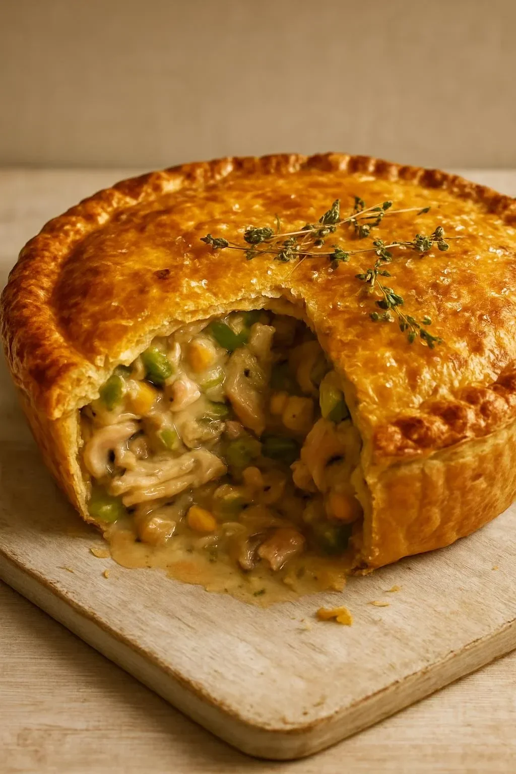 Creamy chicken, mushroom, and vegetable pie with flaky pastry crust