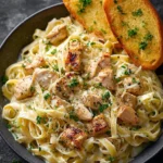 Creamy chicken pasta dish with herbs and vegetables