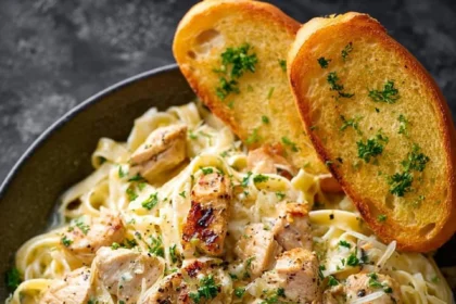 Creamy chicken pasta dish with herbs and vegetables